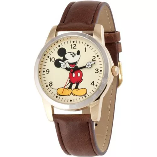 Disney Unisex Mickey Mouse Oversized Molded-Hands Brown Watch, Simulated-Leather