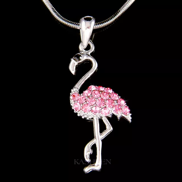 ~Pink Flamingo Bird made with Swarovski Crystal charm 18" chain Jewelry Necklace