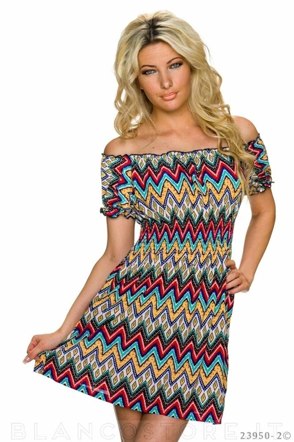 Vestito corto donna mini abito ragazza multicolor ampia scollatura bandeau nuovo