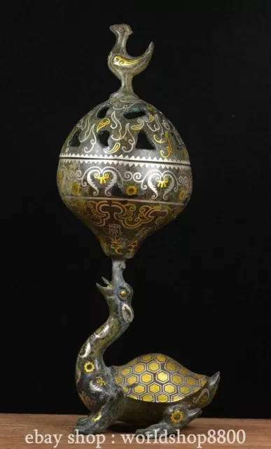 13.2" Old Chinese Bronze Ware Dragon Turtle Bird Beast Incense Burner Censer