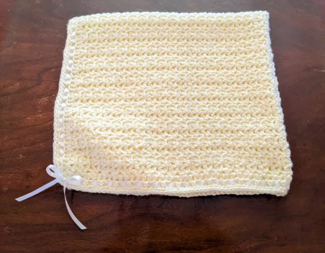 Lovely Hand Crocheted Yellow Baby Blanket Afghan White Ribbon 26" Square