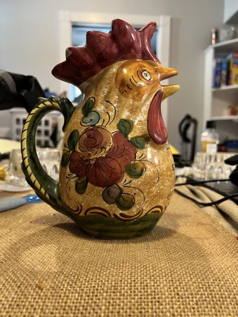Vintage Ceramic Made In Portugal Rooster Chicken Pitcher Hand Painted Medium