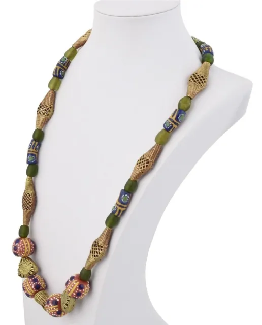 Necklace of handmade brass recycled glass beads from Ghana West Africa