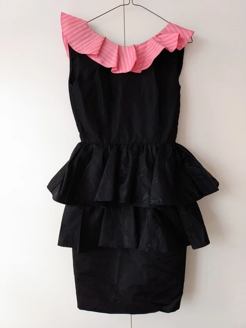 1980s Black and Pink Dress Peplum Low Back Designer Kevin Knight