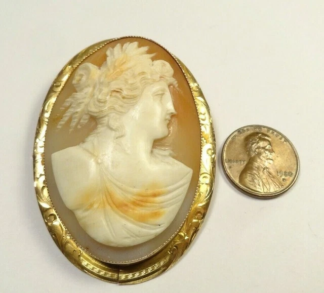 LARGE ANTIQUE 10K SOLID YELLOW GOLD LADY CAMEO CARVED SHELL PENDANT