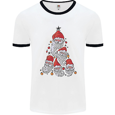 Santa Clause Christmas Tree Mens White Ringer T-Shirt