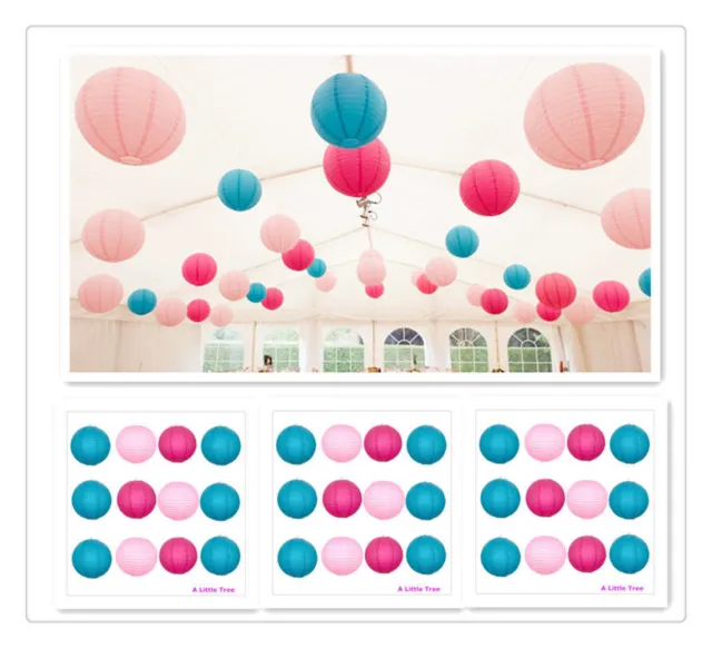 12x Mix SIZE  Paper Lantern Lanterns Birthday Wedding Party (Pink+Hot Pink+Blue)