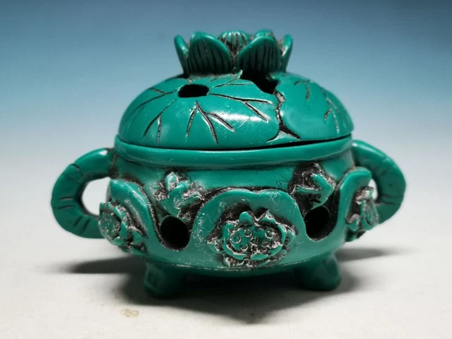 Chinese Collection Amazing Coral Carved Grace Lotus Incense Burner Piece C70