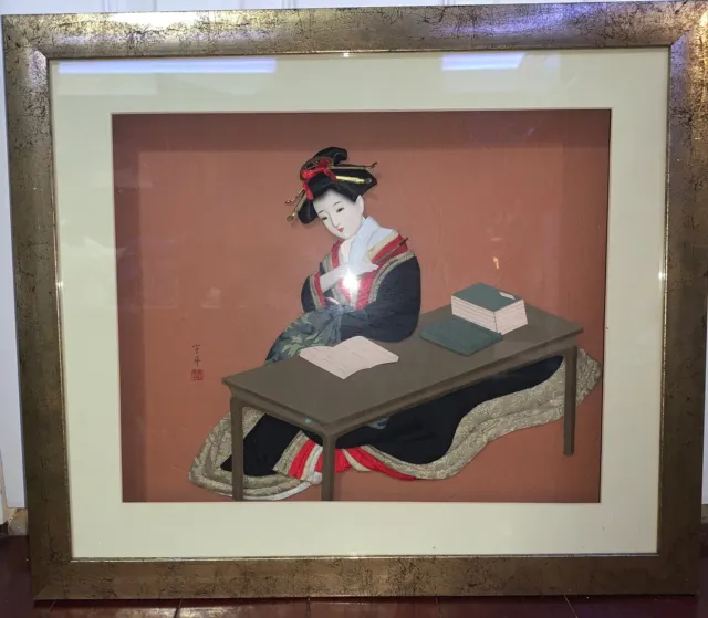 Vintage Japanese Shadow Box 3D Wall Art Mixed Material Geisha Girl Studying