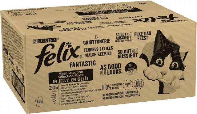 Purina Felix Cibo Umido per Gatti con Manzo,Pollo,Merluzzo e Tonno,80 buste 80g