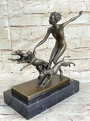 Stunning Art Deco Nouveau Signed Bronze Nude Female Statue Diana The Huntress Nr