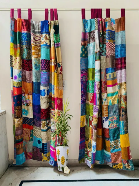 Indian Sari Patchwork Curtain Drape Handmade Window Decor Silk Sari Boho Curtain