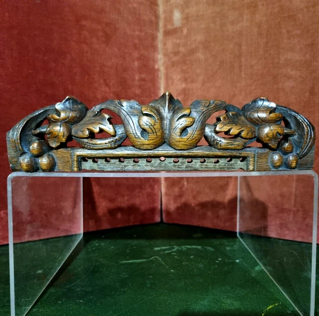 Scroll leaf berry wood carving pediment 11" Antique French architectural salvage