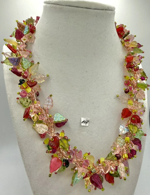 COTTAGECORE GLASS BEAD Cluster Necklace Pink Green Floral Leaf ...