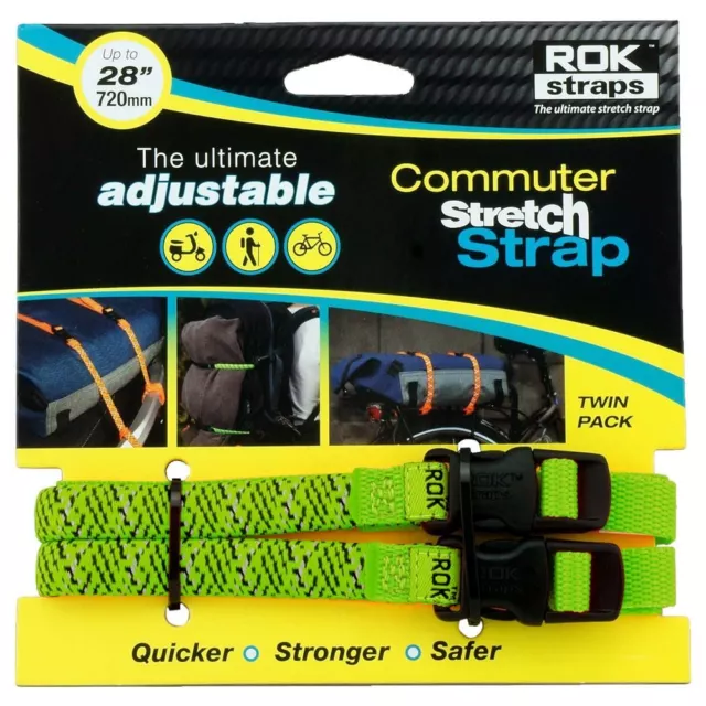 ROK Motorcycle Luggage Straps LD Stretch To 28" 720mm Green Reflective Twin Pack