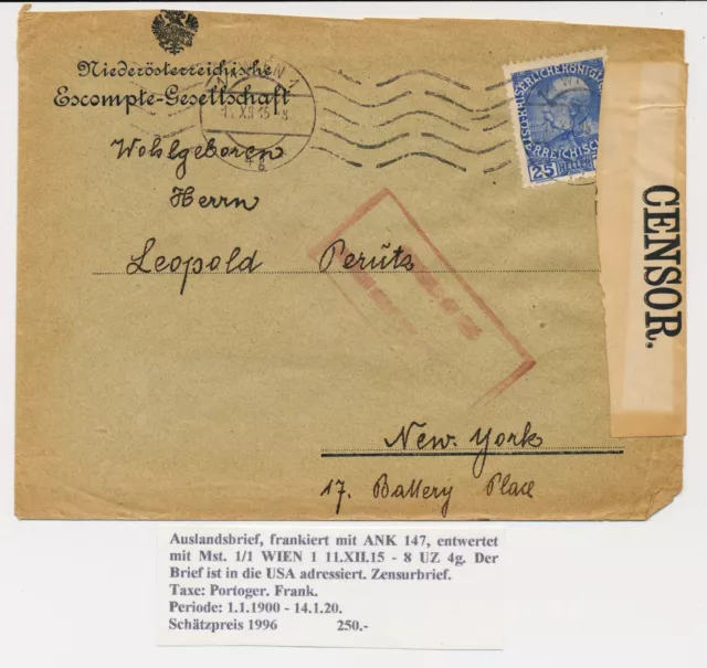 ÖSTERREICH 1915 AUSLANDSBRIEF WIEN nach NEW YORK. Zensurbrief!