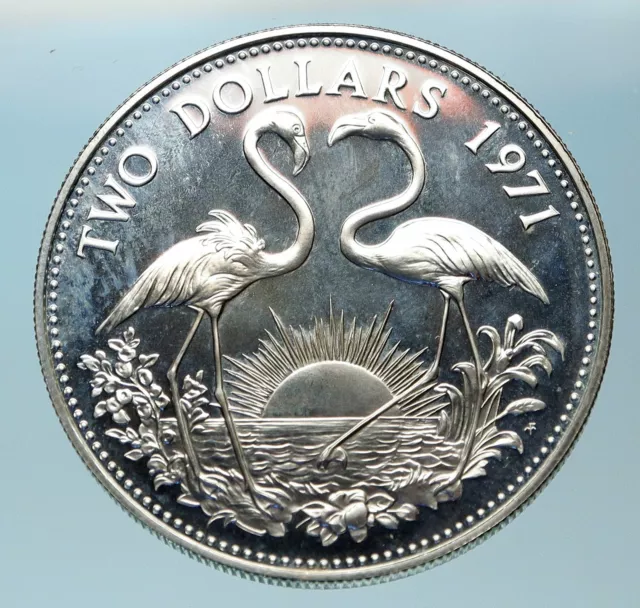 1971 The BAHAMAS SILVER 2 Dollars Large Coin Elizabeth II FLAMINGO Birds i83807