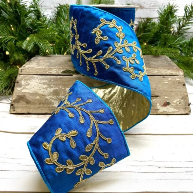 d stevens Blue Faux Dupion Gold Embroidered Vines Wire Edge Ribbon 4"