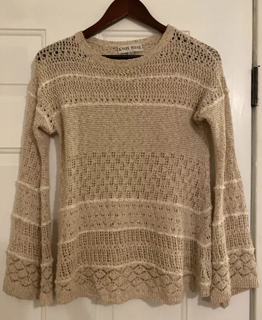 KNOX ROSE BEIGE Brown Long Bell Sleeve Open Knit Pullover Sweater