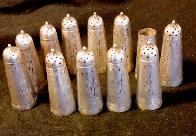 Sterling Silver Antique (12) Mauser Hand Wrought Salt/Pepper Shakers Engraved