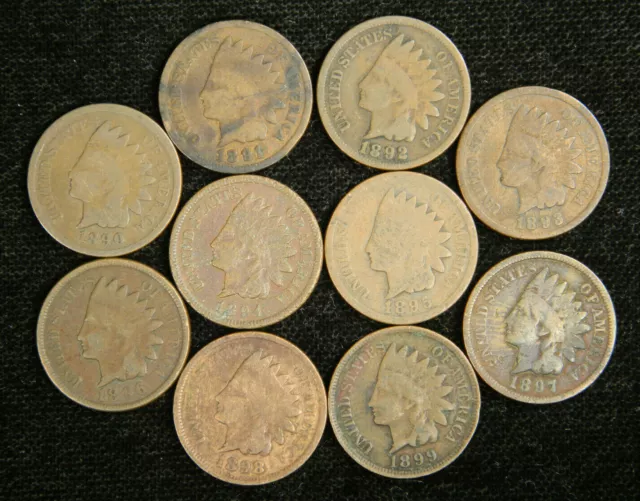 1890-1899 1c Indian Head Cent Penny Set Lot , All 10 Coins , Circulated