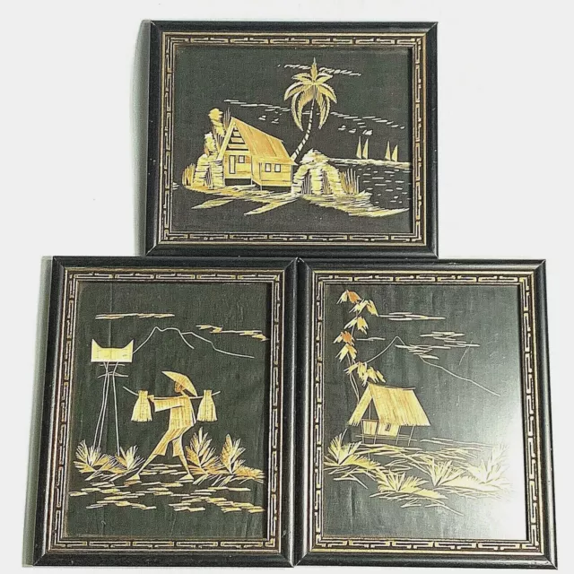 Set 3 Framed Vintage Straw Art on Fabric Mid Century Bamboo Wood Asian Landscape