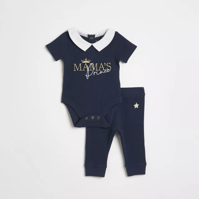 River Island Kids Boys Outfit Navy Mamas Prince Waffle Collared Short Sleeve