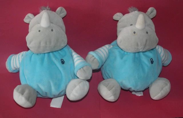 Obaibi Okaidi 2 Doudou Peluche Rhinoceros Boule Grelot Gris Bleu Etat Neuf