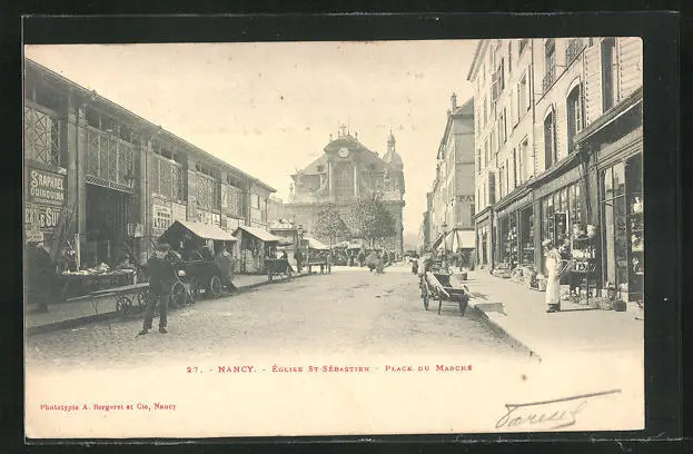 CPA Nancy, Église Saint-Sebastian, Place du Marché 1903