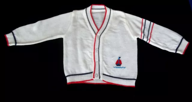 Vtg 60's 70's Soft Baby Sweater sailboat embroidery Red White Blue Stripe sz 1 2