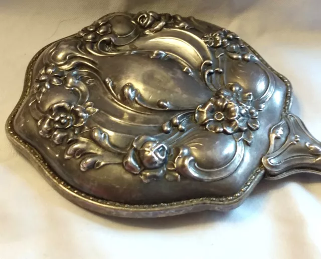 10” Vintage Antique Silver Plated Ornate Vanity Hand-Held Mirror