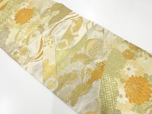 37180# Japanese Kimono / Antique Nagoya Obi / Woven Floral Plants & Traditio