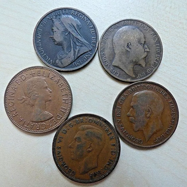 Queen Victoria Elizabeth II King Edward VII George V & VI One Penny Vintage Set