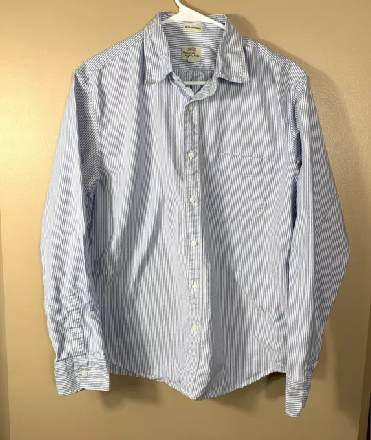 J Crew Shirt Mens Large Blue Striped All Cotton Oxford Slim Fit Untucked L