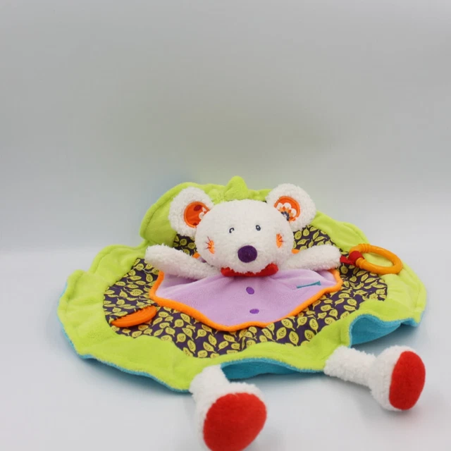 Doudou plat rond souris verte mauve orange feuilles BABYSUN - 20215
