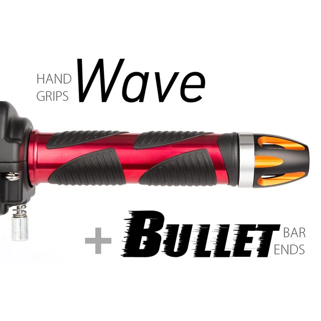 KiWAV Motorcycle Wave Grips Red with Bullet Bar Ends Orange/Silver