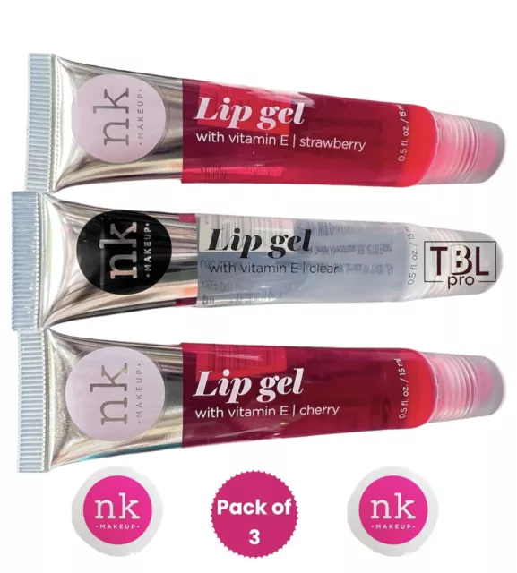 NK Lip Gloss Gel Clear /cherry/strawberry Lipgloss with Vitamin E (Pack of 3)