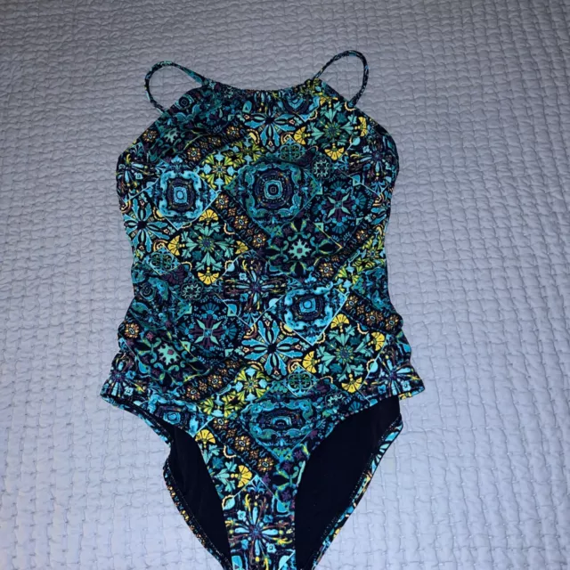 Jantzen Womens One Piece Swimsuit Aqua Blue Yellow Print Tropical Size 12