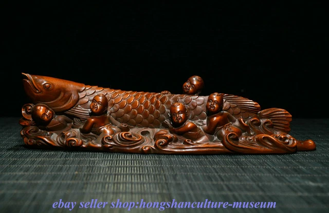 8 " China boxwood Wood Carved Fengshui Year Fish 5 Tongzi Pen Rack Penholder