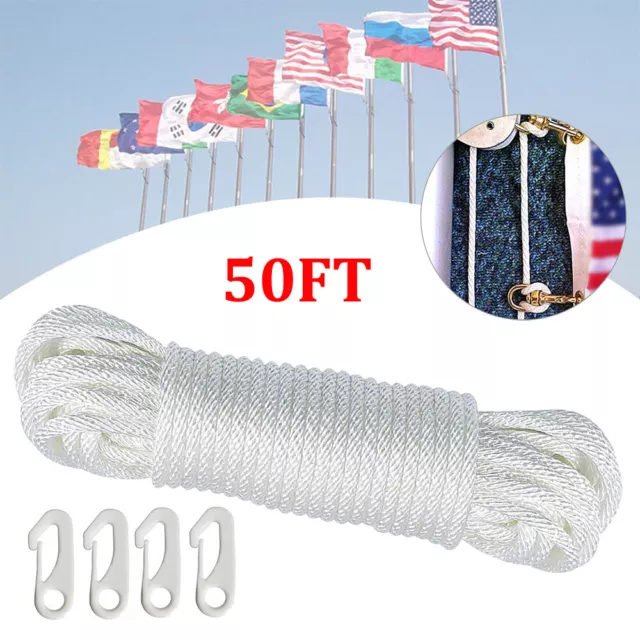 49ft/15M Nylon Flag Rope Flagpole Rope 6mm New Thick White  W/4X Flag Pole Clips