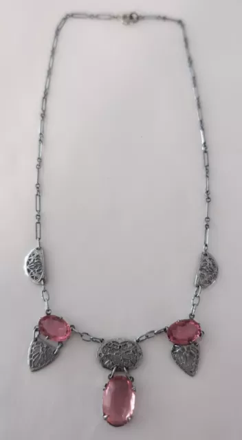 Antique Art Deco Rhodium Filigree Pink Glass Necklace