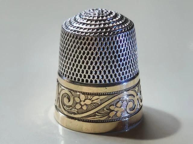 Antique Simons Bros Sterling Silver w/Gold Band Thimble size 11 No holes EC