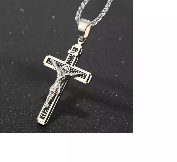 LARGE JESUS CROSS PRAY CHRISTIAN CATHOLIC German Silver Pendant 20" Necklace GOD