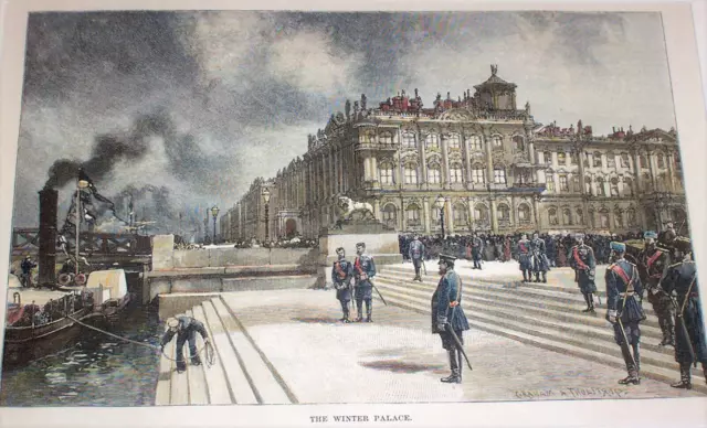 1889 Winter Palace at Saint Petersburg Russia ; Military Pier Lion Statue Neva