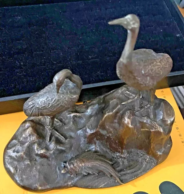 Meiji Bronze Pair Crane Turtle tortoise statue sculpture antique Okimono 10"
