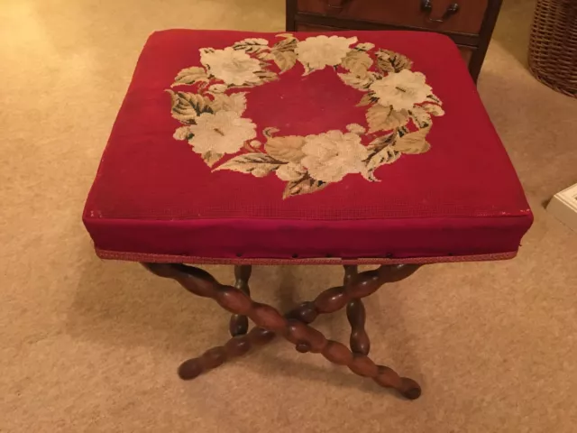 Antique Cross Framed Bobbin Style Stool with Needlepoint Seat