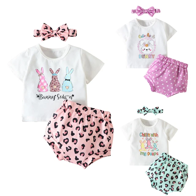 Baby Girls First Easter Outfits Short Sleevr Tee Shirt & Bloomers & Headband Set
