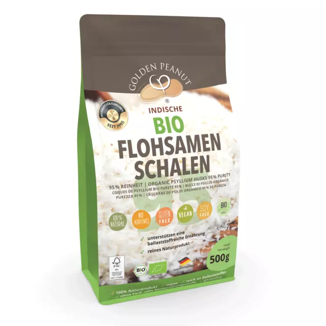 Bio Flohsamenschalen 500 g Reinheitsgrad 95% echte indische Psyllium Husks vegan