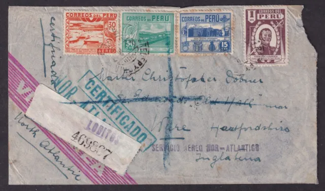 PERU 1947 `Certificado` Registered Airmail Cover to Herts, England