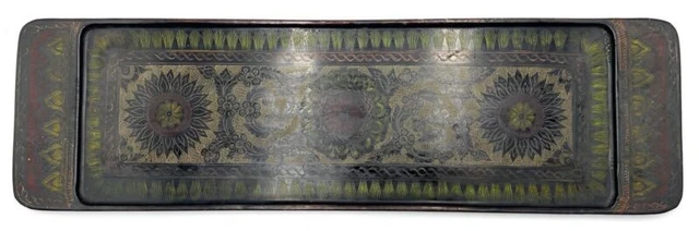 Vintage Burmese Wooden Lacquerware Tray, Engraved & Hand Painted, Mid Century